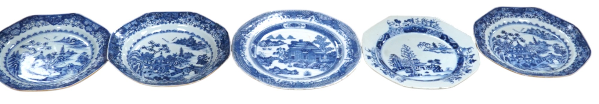 Five 18th century Chinese Export blue and white plates, largest 24cm diameter. Condition - all have varying amounts of damage